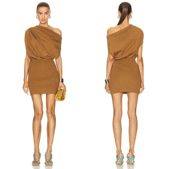 The Sei Crystal Asymmetric Drape Mini Dress XS Tan NWT - Picture 1 of 9